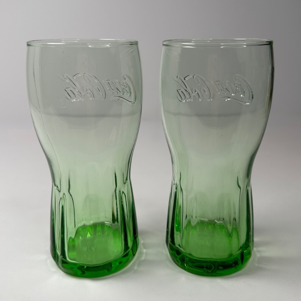 Coca-Cola Green Glass Tumblers Set of 2 Embossed Logo Retro Style